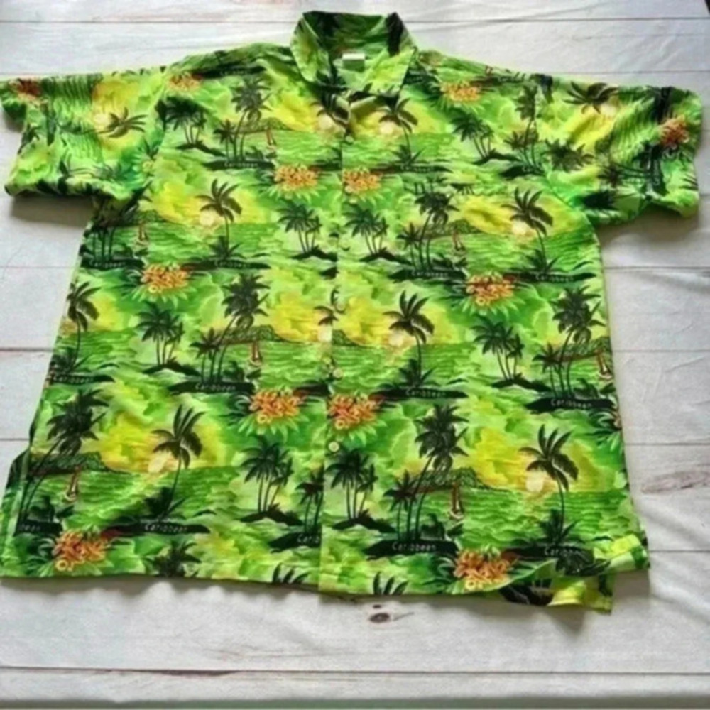 Rima Palm Tree Tropical Island Print Green button down shirt Mens XL Vacation